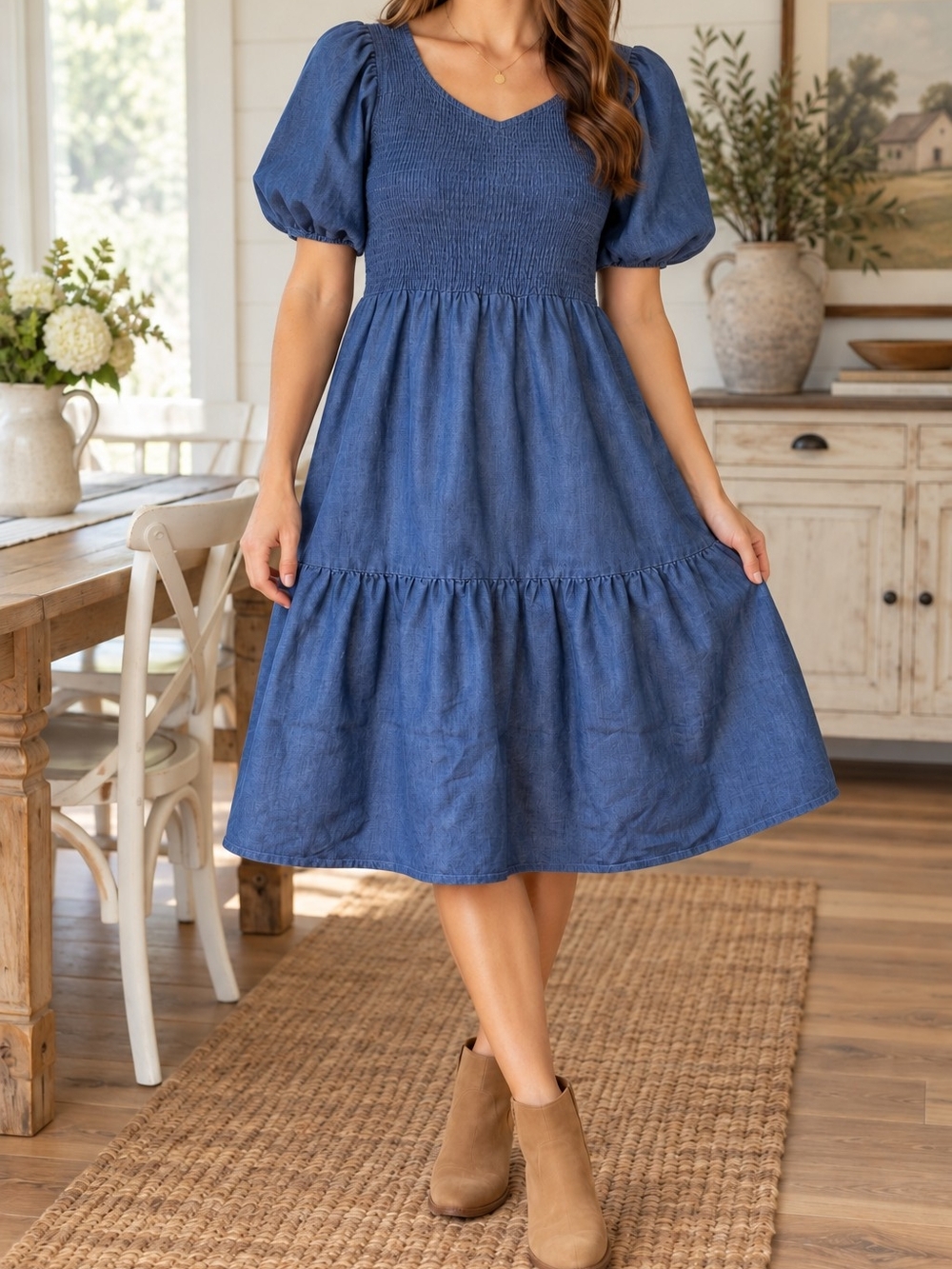 Given Kale Blue Chambray Midi Dress M Smocked Puff Sleeve Tiered Cottagecore
